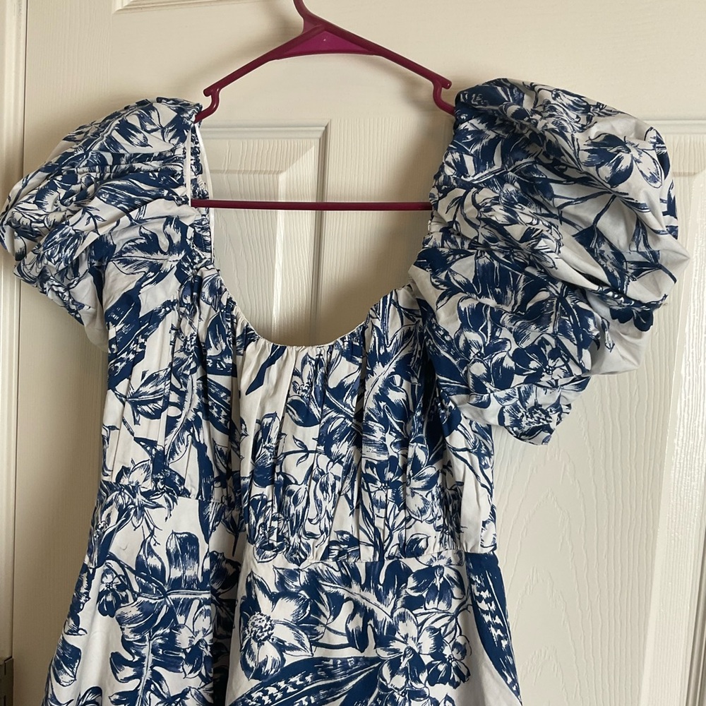 Abercrombie Ruched Puff Sleeve Blue Floral Print Mini Dress Size Medium NWT - Picture 3 of 16